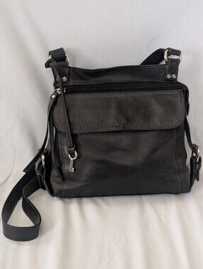 VTG FOSSIL Black Leather Adjustable Strap Cross Body Bag Organizer Wallet Purse